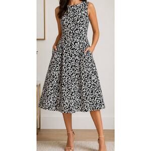 S Max Mara Fit & Flare Dress Sz 8 Black Cream Scroll Print Pleated Pocket Dress